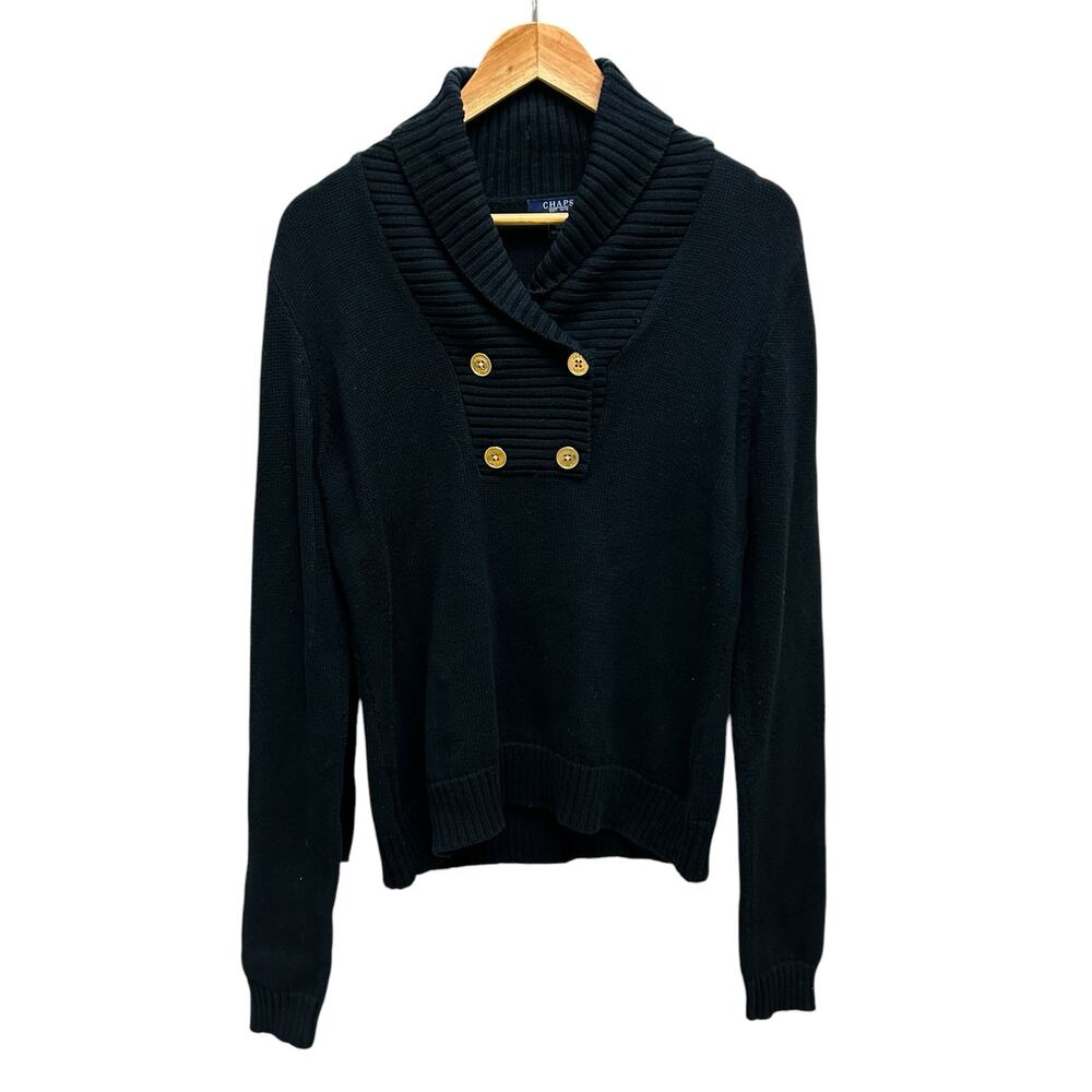 Chaps Black Shawl Collar Sweater M‎ Gold Accent Buttons